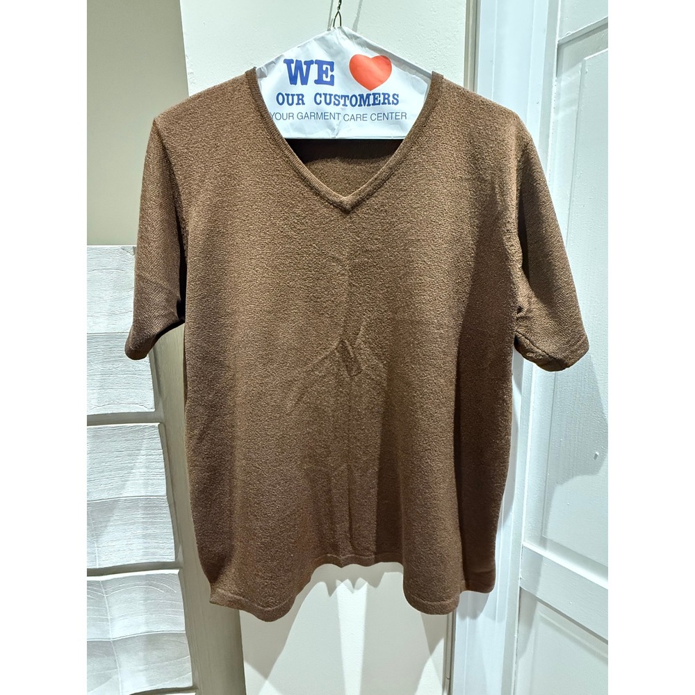 Brown V-Neck Short Sleeve Knit Sweater Top Side Slit Earth Tone Large